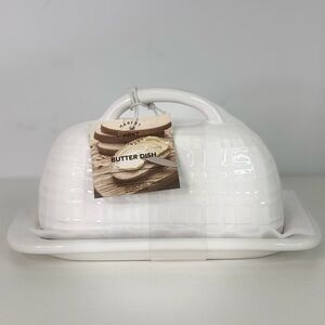 White Butter Dish Ribbed Market Finds Ceramic 8” TT2023 New